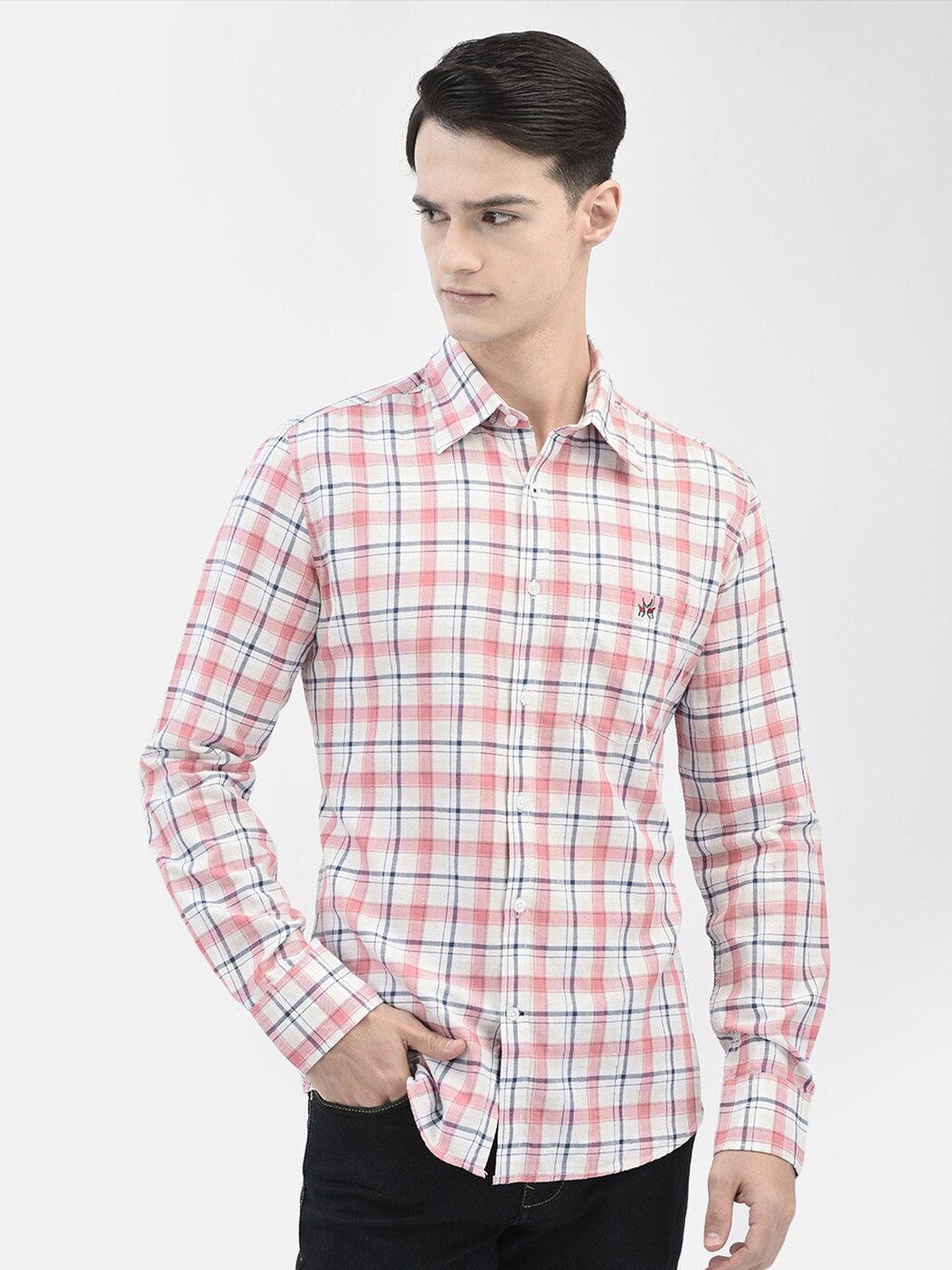 

Crimsoune Club Tartan Checked Slim Fit Pure Cotton Casual Shirt, Pink