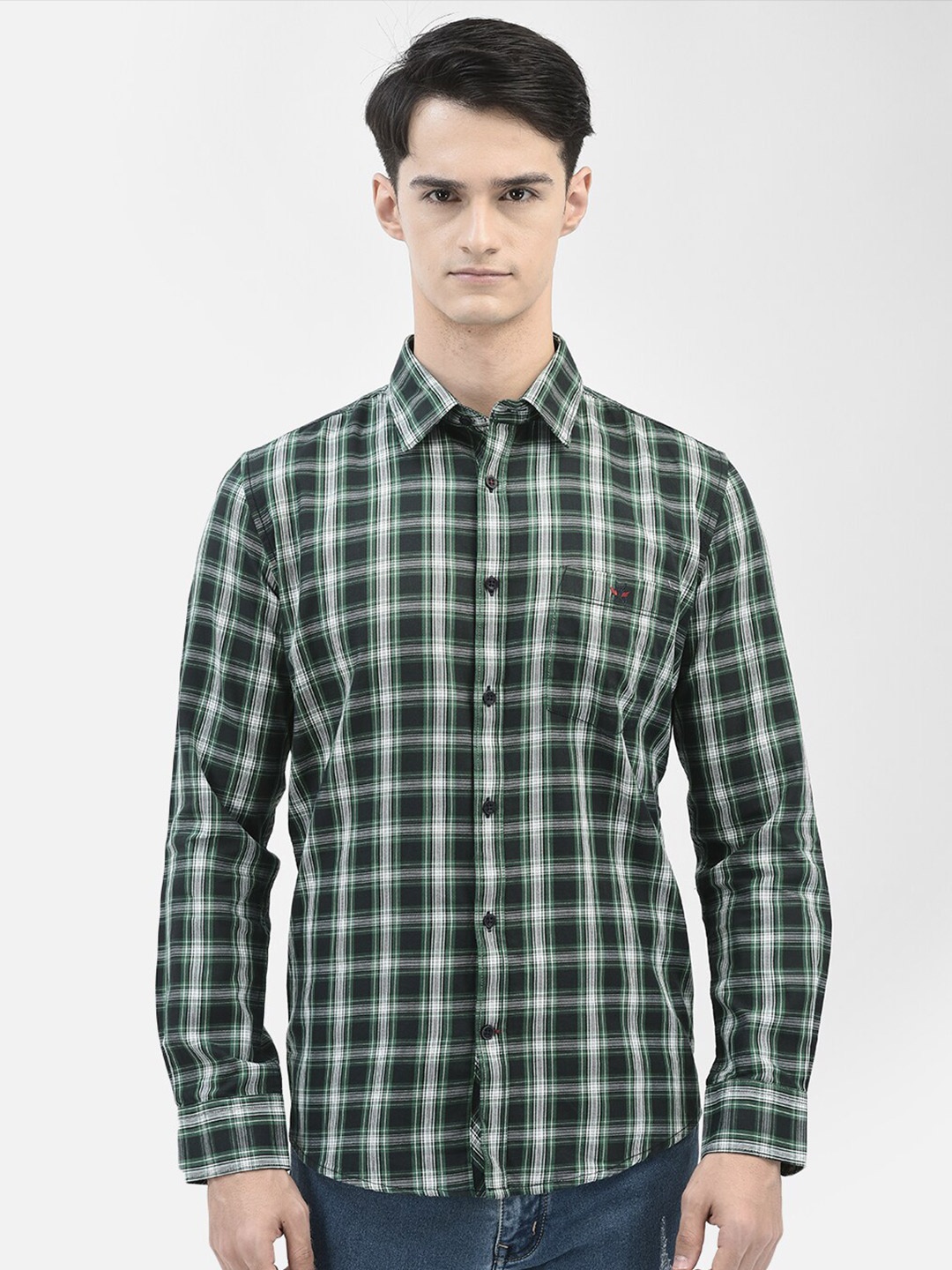 

Crimsoune Club Checked Slim Fit Pure Cotton Casual Shirt, Green