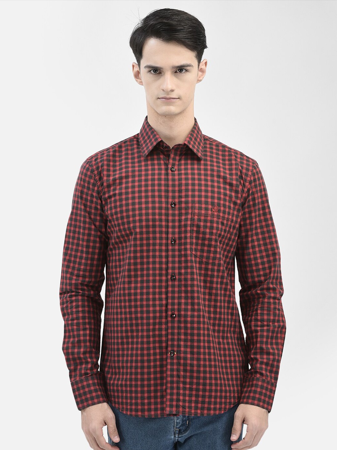 

Crimsoune Club Slim Fit Gingham Checked Pure Cotton Casual Shirt, Red
