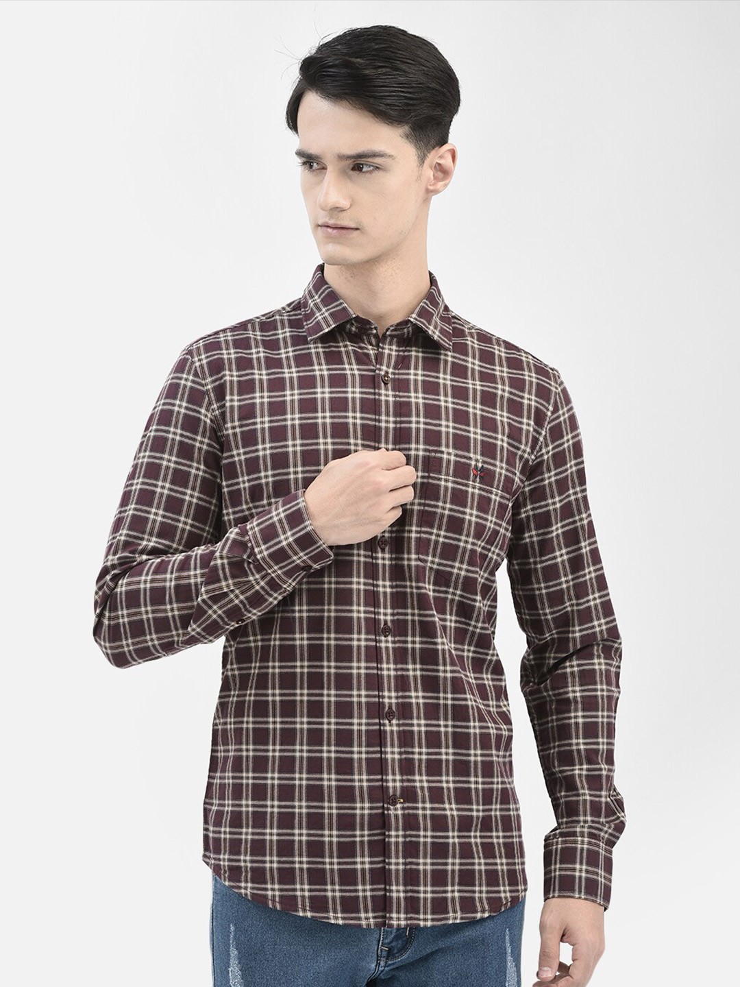 

Crimsoune Club Slim Fit Tartan Checked Pure Cotton Casual Shirt, Maroon