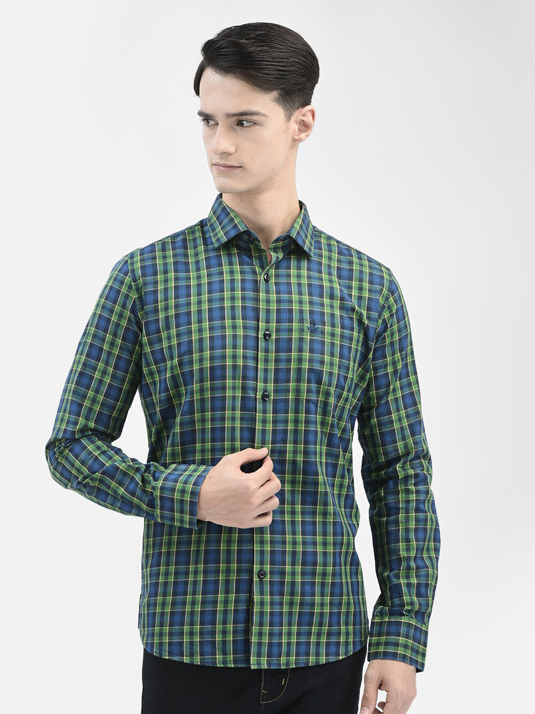 

Crimsoune Club Tartan Checked Pure Cotton Slim Fit Casual Shirt, Green