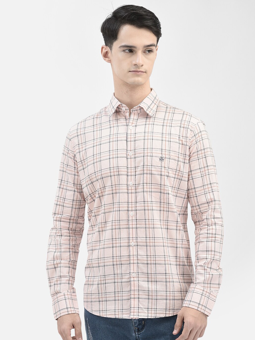 Crimsoune Club Slim Fit Opaque Checked Casual Shirt, Peach