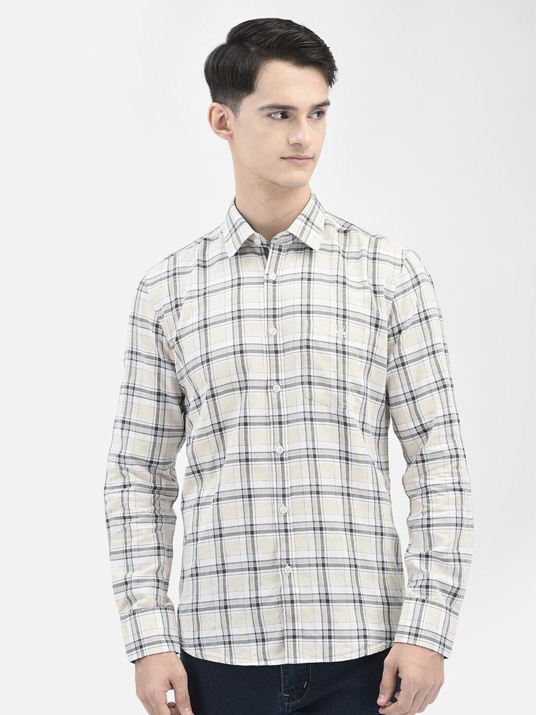 

Crimsoune Club Tartan Checked Slim Fit Pure Cotton Casual Shirt, Off white