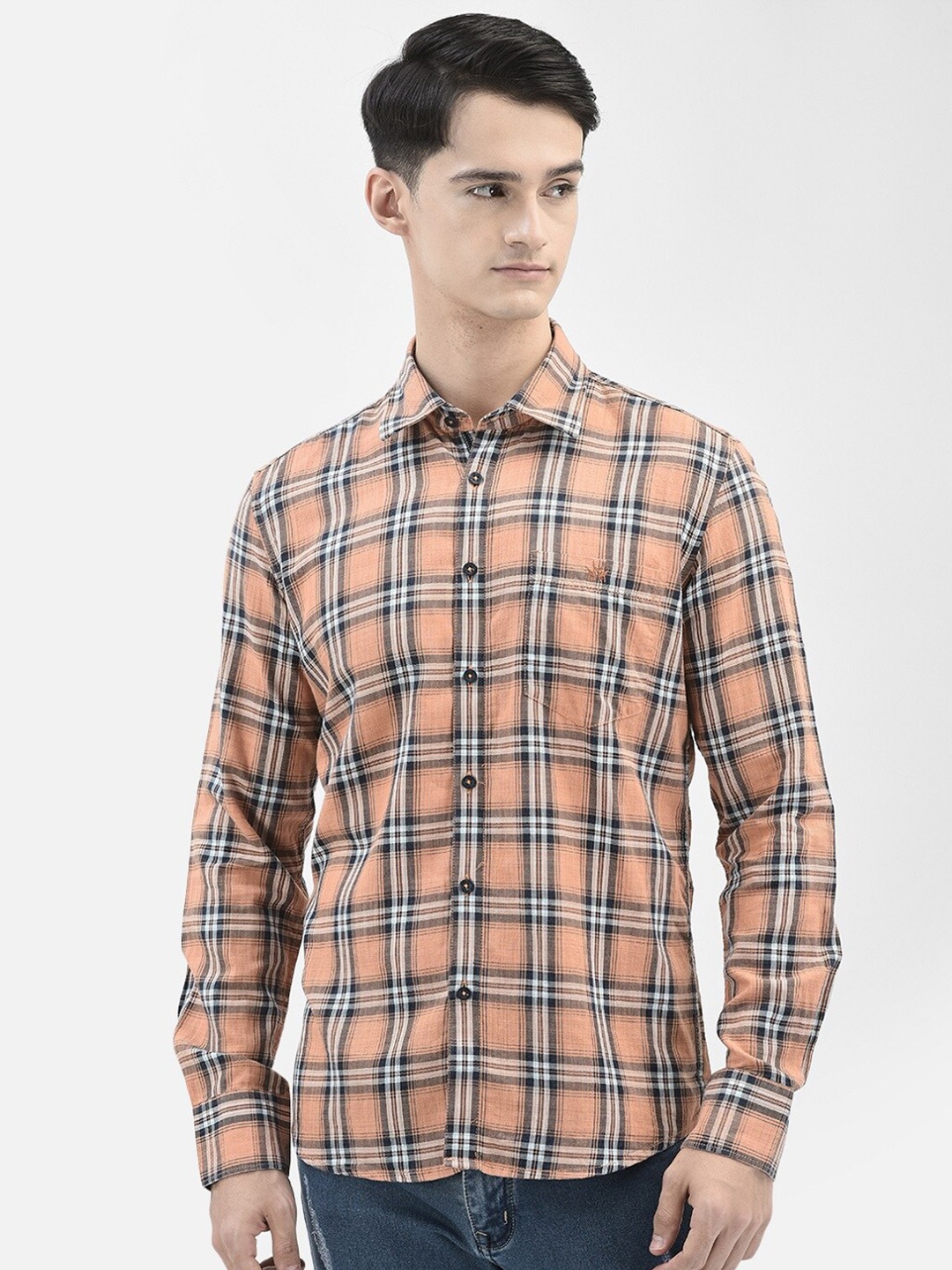 Crimsoune Club Checked Slim Fit Casual Shirt, Peach