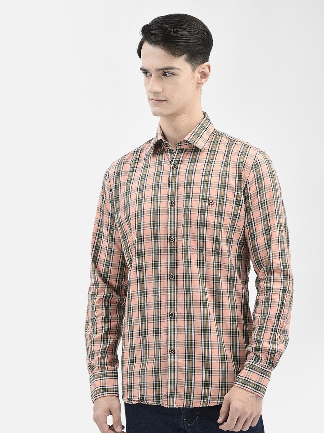 Crimsoune Club Tartan Checked Slim Fit Pure Cotton Casual Shirt, Peach