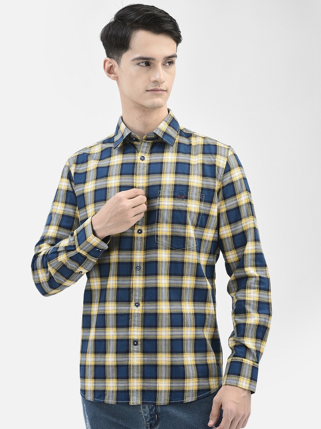 

Crimsoune Club Slim Fit Tartan Checked Pure Cotton Casual Shirt, Mustard