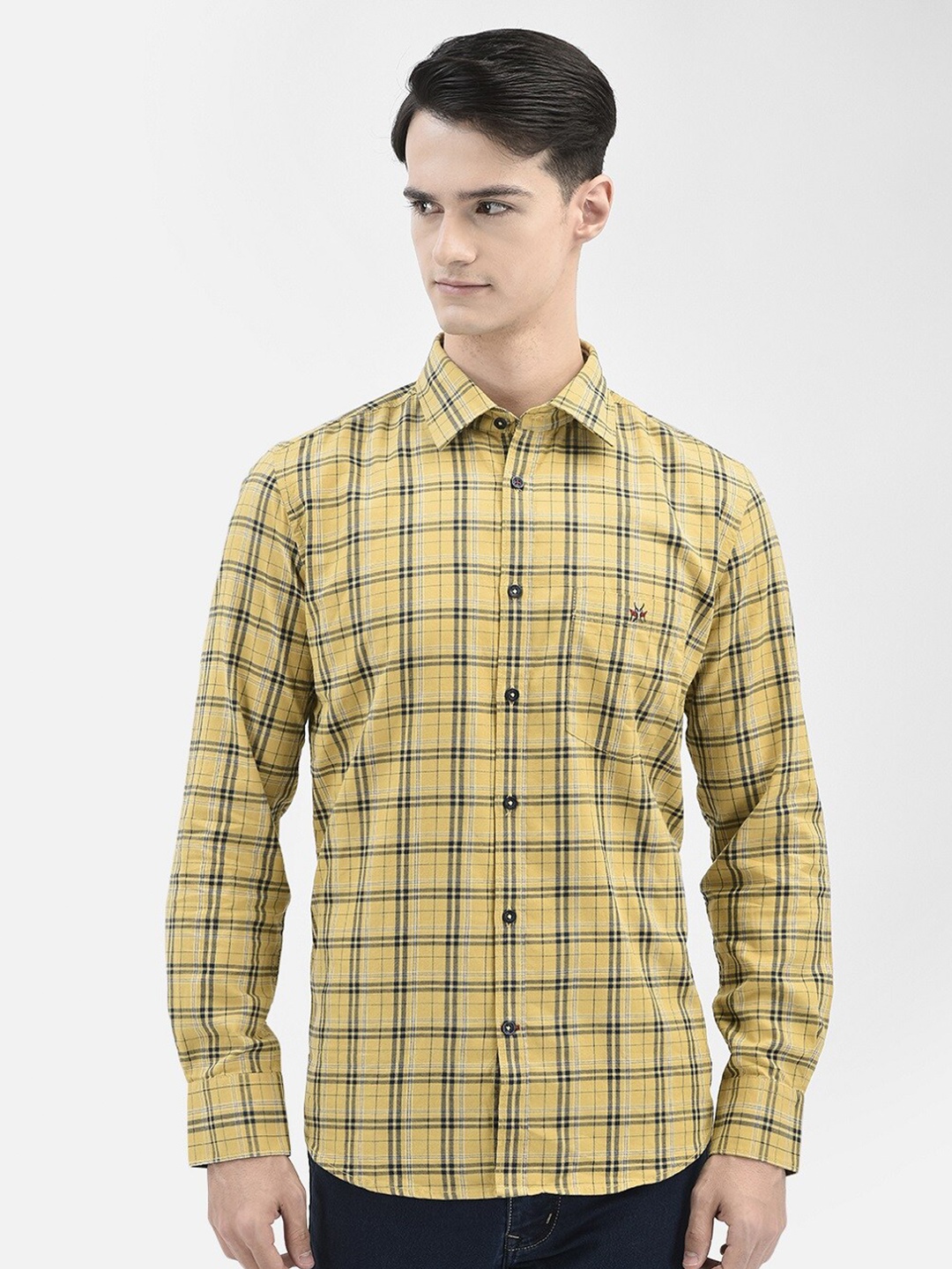 

Crimsoune Club Slim Fit Checked Casual Pure Cotton Shirt, Mustard
