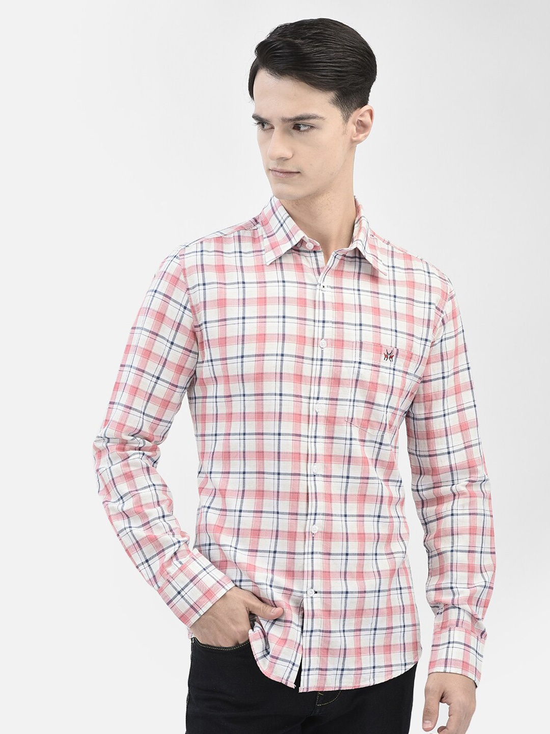 

Crimsoune Club Slim Fit Tartan Checked Pure Cotton Casual Shirt, Pink
