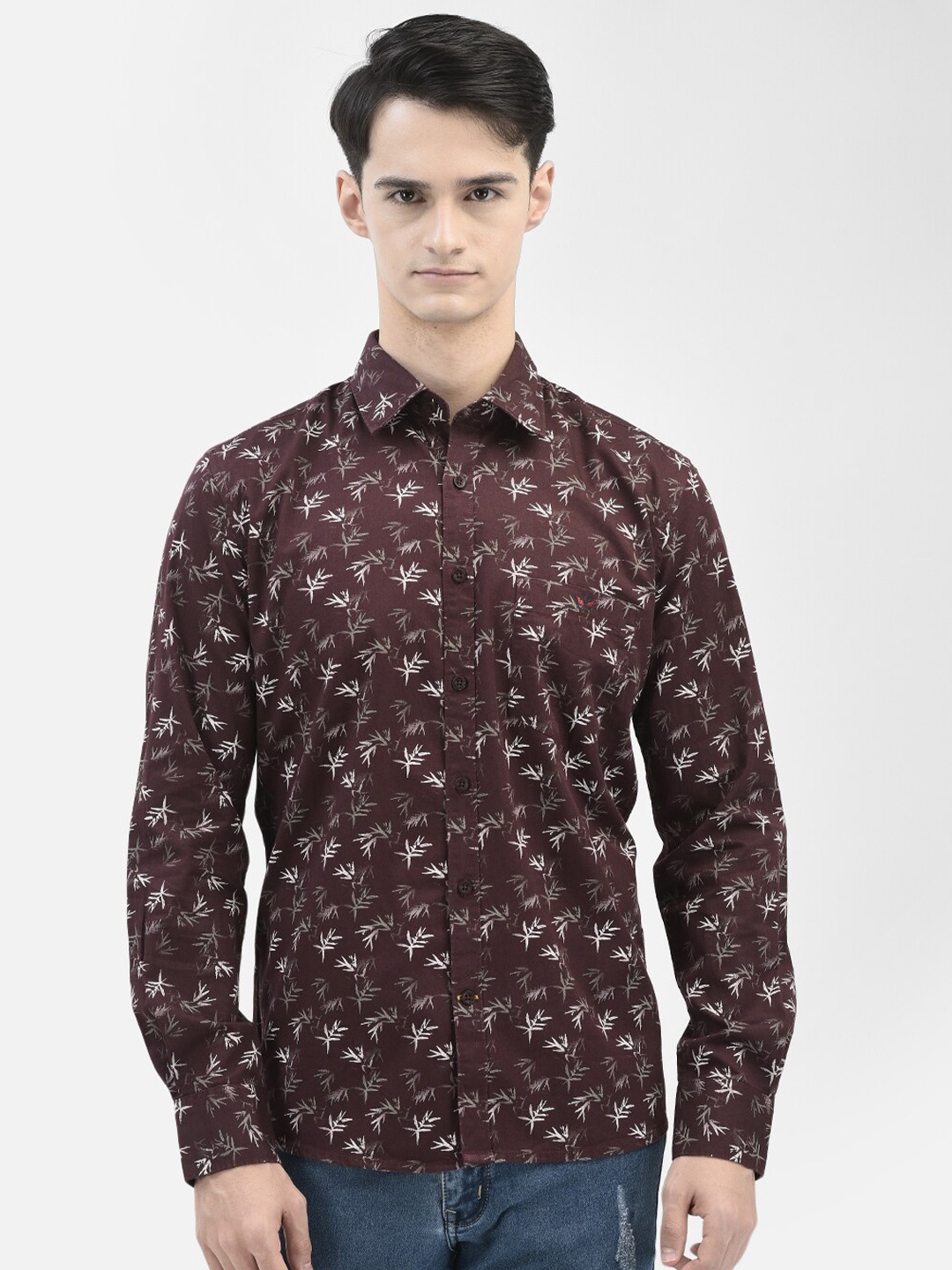 Crimsoune Club Slim Fit Floral Printed Casual Pure Cotton Shirt, Brown