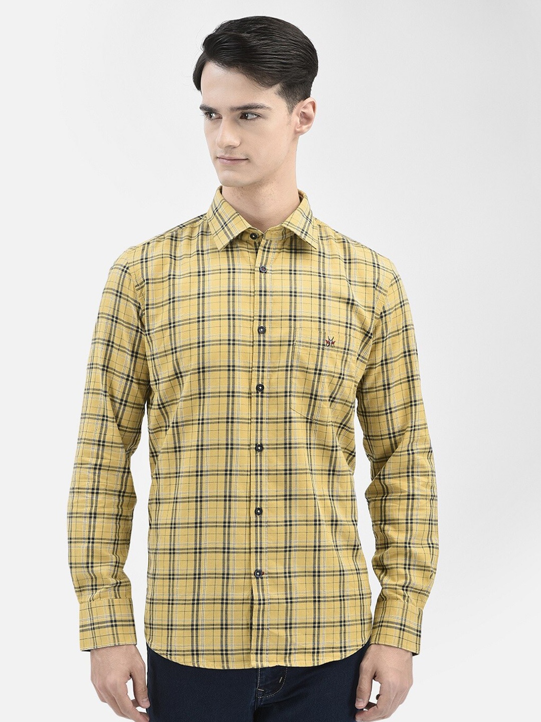 

Crimsoune Club Slim Fit Opaque Checked Casual Shirt, Mustard