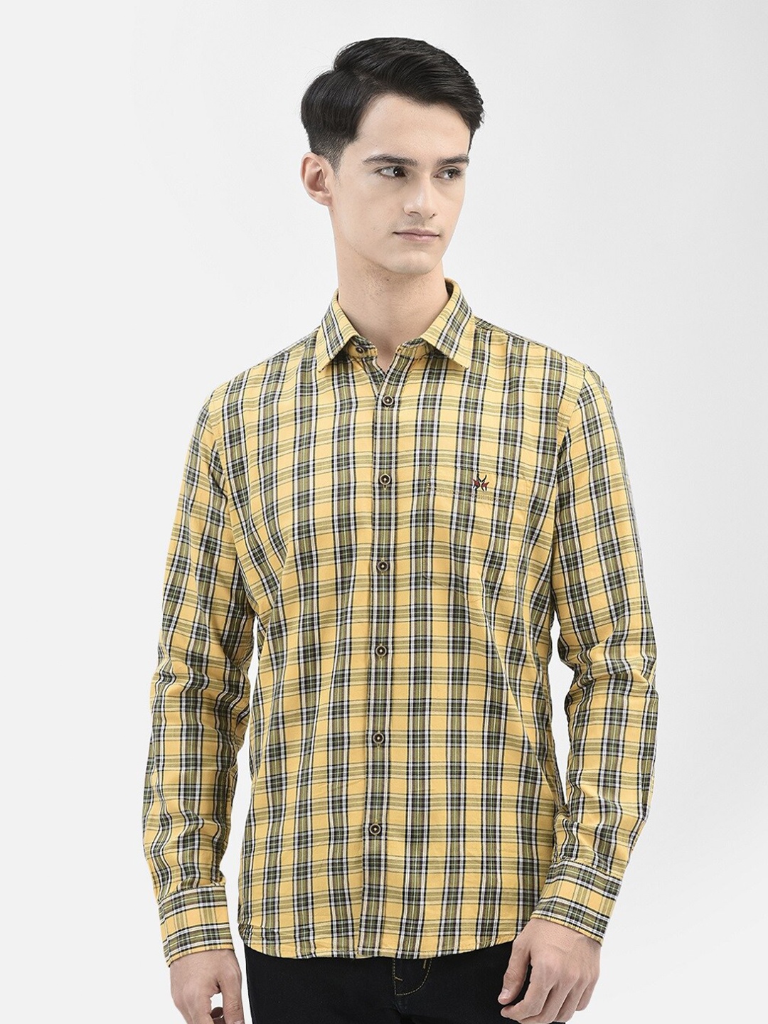 

Crimsoune Club Slim Fit Tartan Checked Pure Cotton Casual Shirt, Yellow