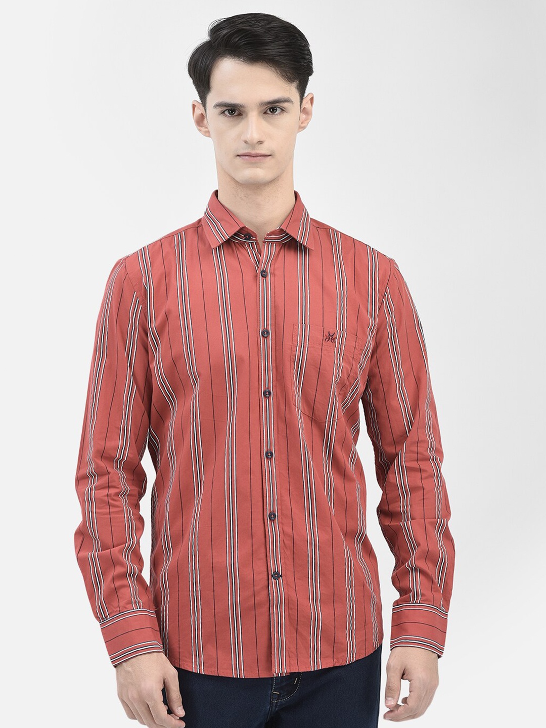 Crimsoune Club Slim Fit Vertical Striped Pure Cotton Casual Shirt, Rust