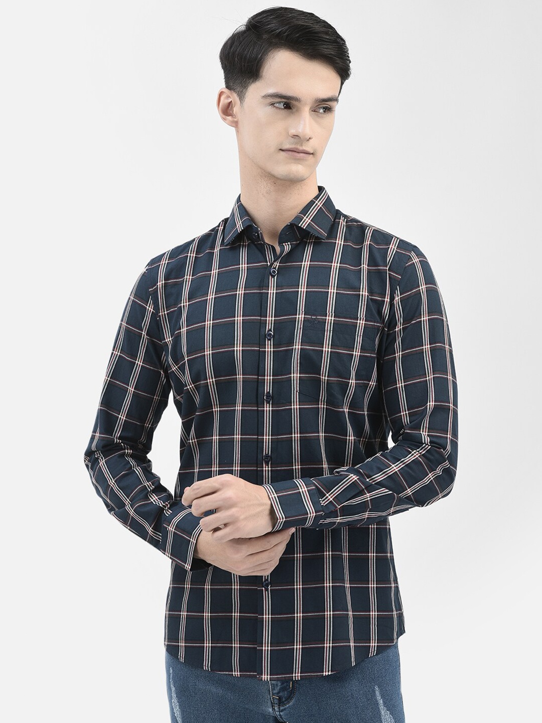 Crimsoune Club Tartan Checked Slim Fit Pure Cotton Casual Shirt, Navy blue