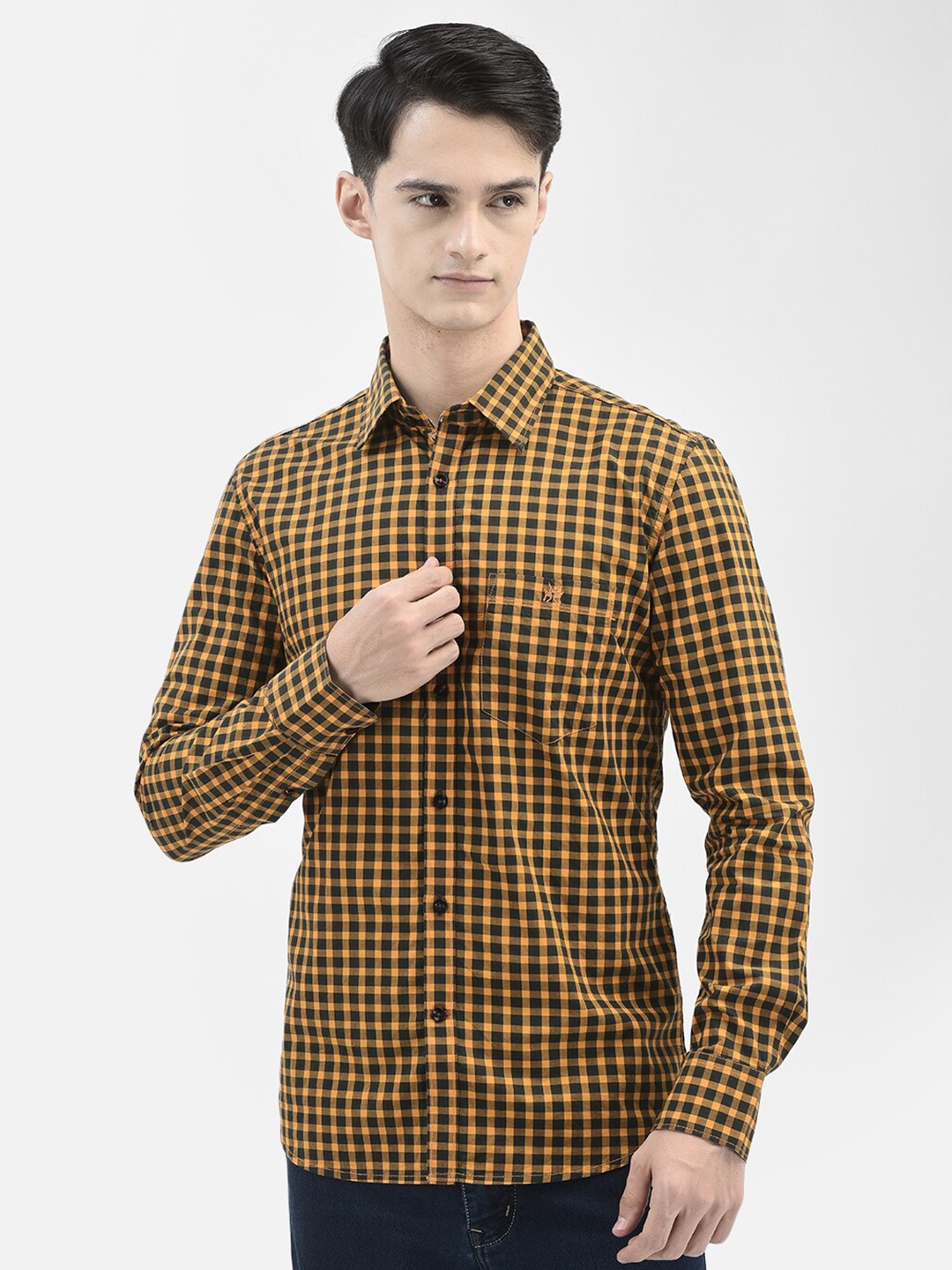 

Crimsoune Club Slim Fit Opaque Checked Casual Shirt, Mustard