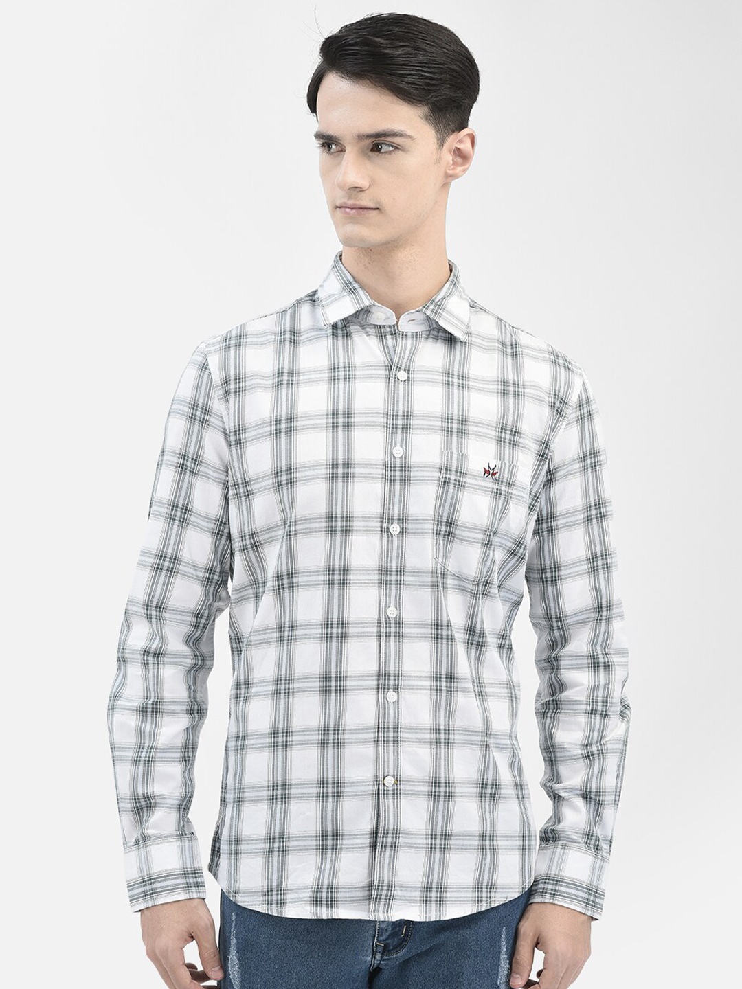 

Crimsoune Club Slim Fit Tartan Checked Casual Pure Cotton Shirt, White