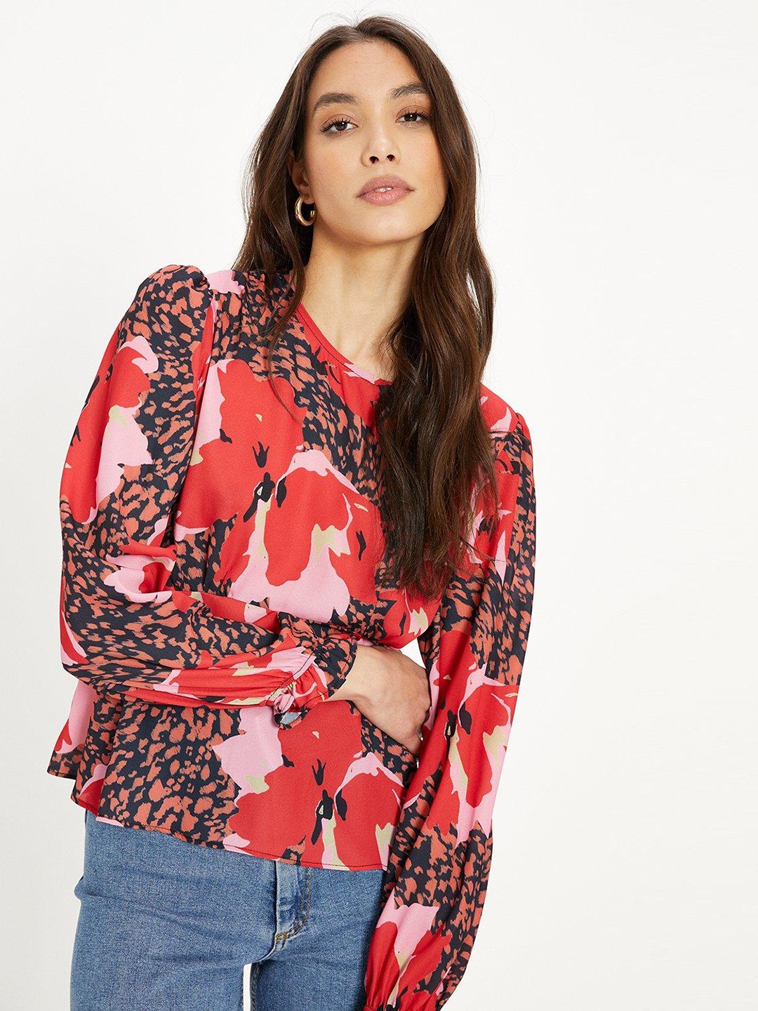 

OASIS Print Puff Sleeve Peplum Top, Red