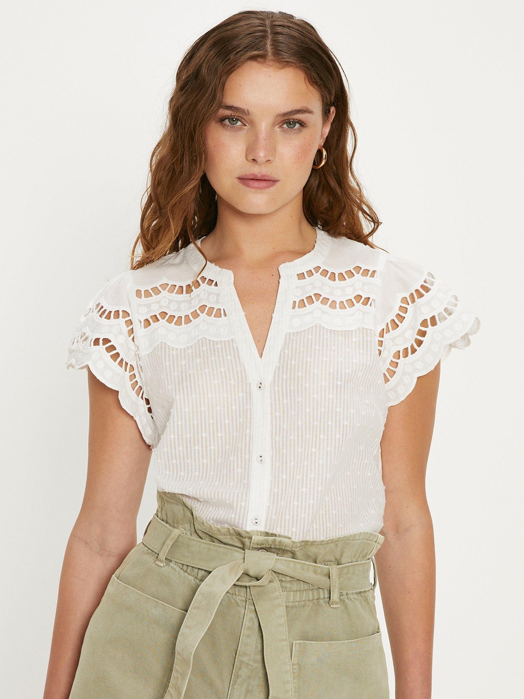 

OASIS Dobby Woven Textured Mandarin Collar Cotton Top, White