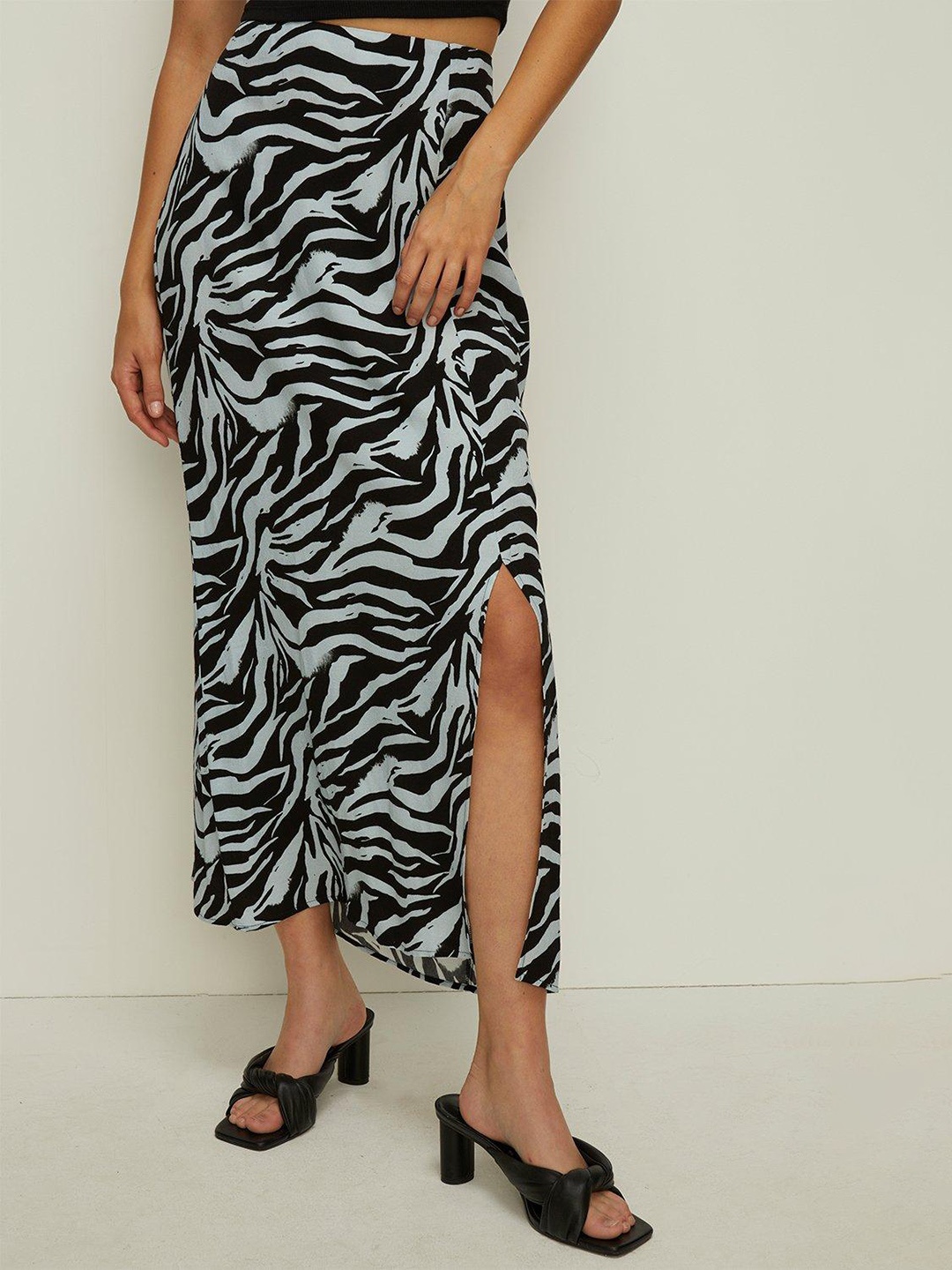 

OASIS Women Zebra Printed Wrap Slit Midi Skirt, Grey