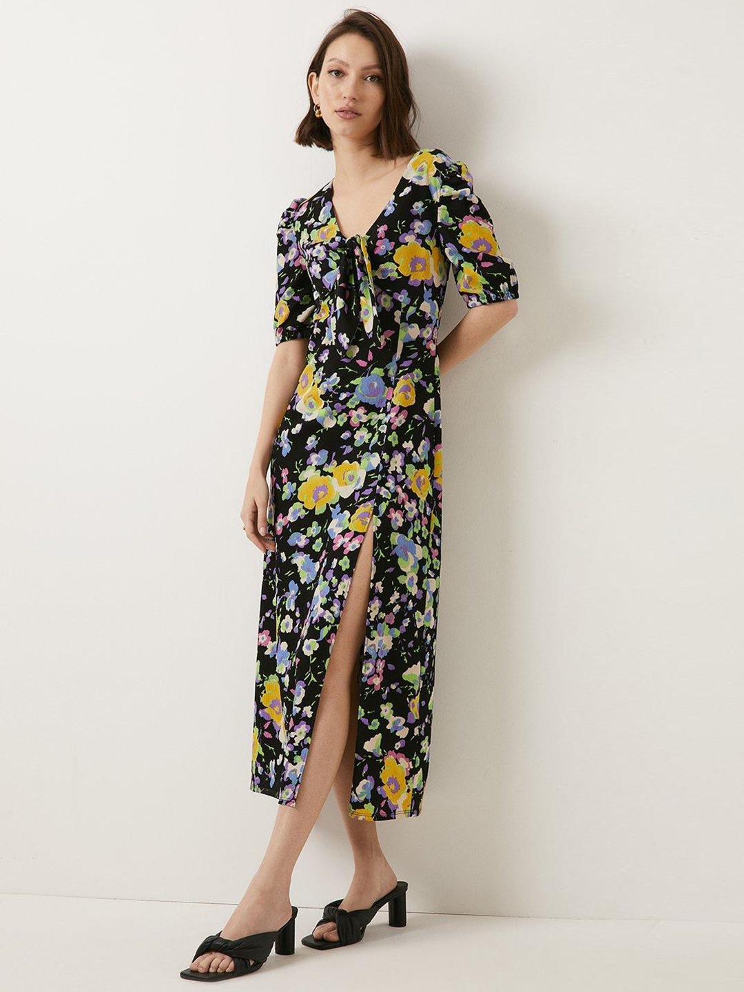 

OASIS Floral Print Slit Maxi Dress, Black