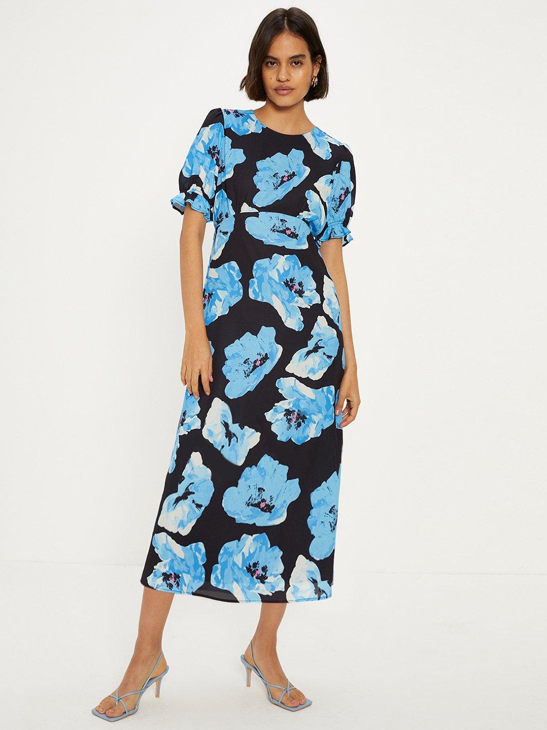 

OASIS Floral Print Bell Sleeve A-Line Midi Dress, Blue