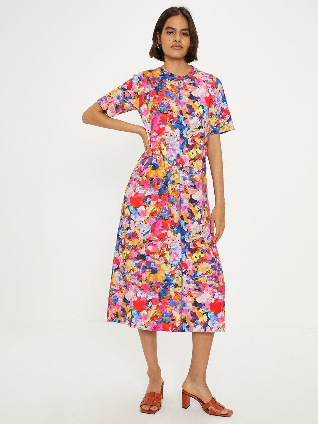 

OASIS Cotton Floral Print Seam Detail A-Line Midi Dress, Pink