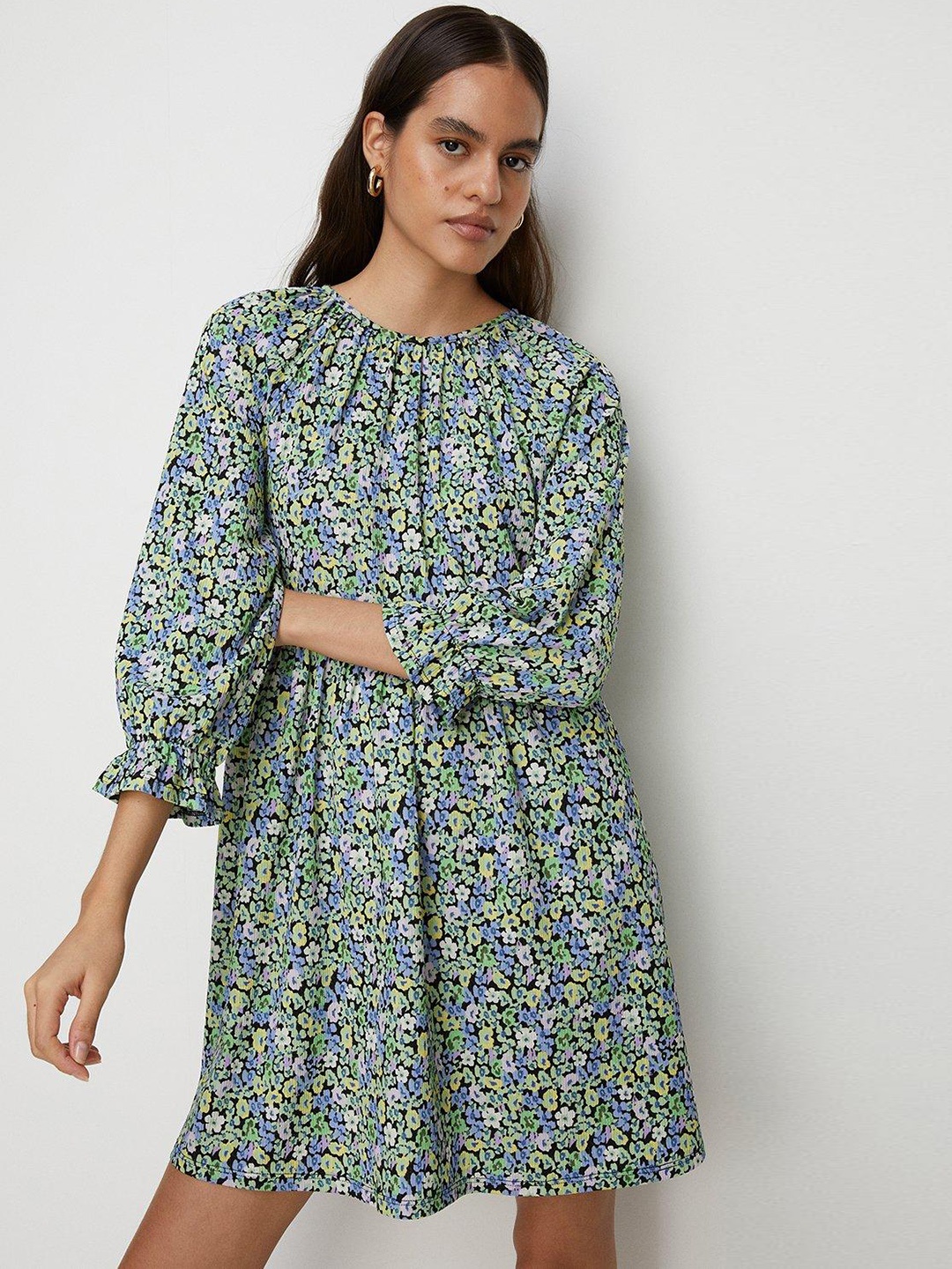 

OASIS Crinkled Floral Print Bell Sleeve Tie-Up Back Mini Dress, Green