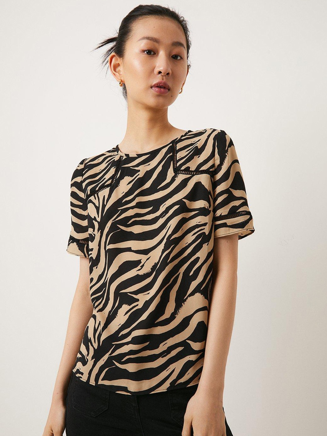 

OASIS Lace Insert Zebra Print Woven T-shirt, Beige