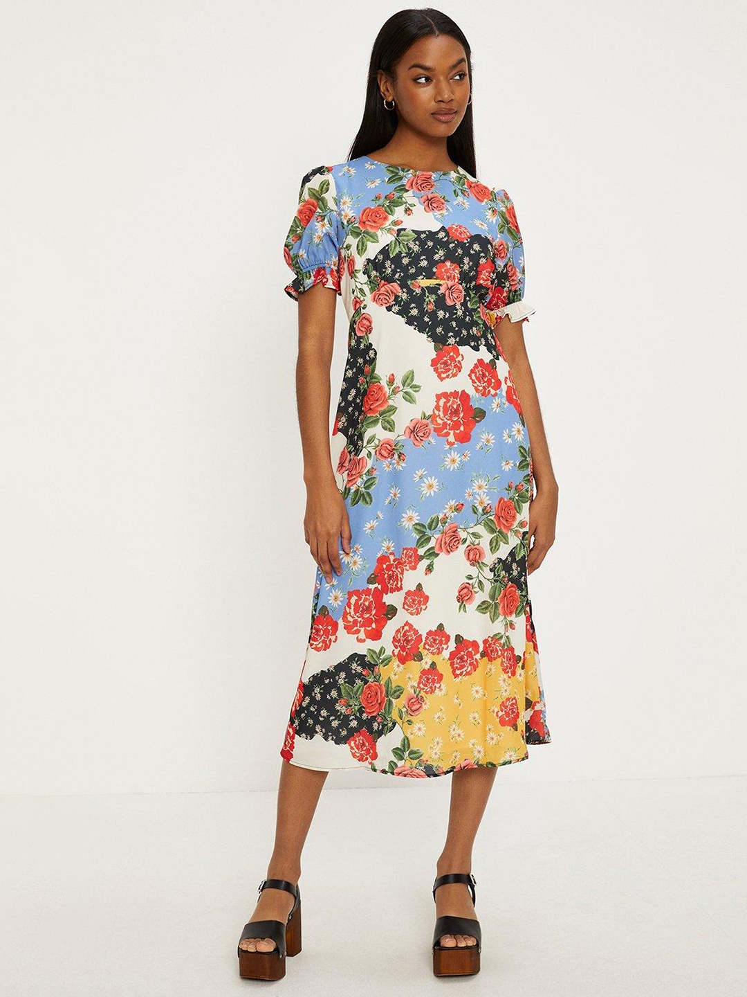 

OASIS Floral Print Puff Sleeve A-Line Midi Dress, Orange