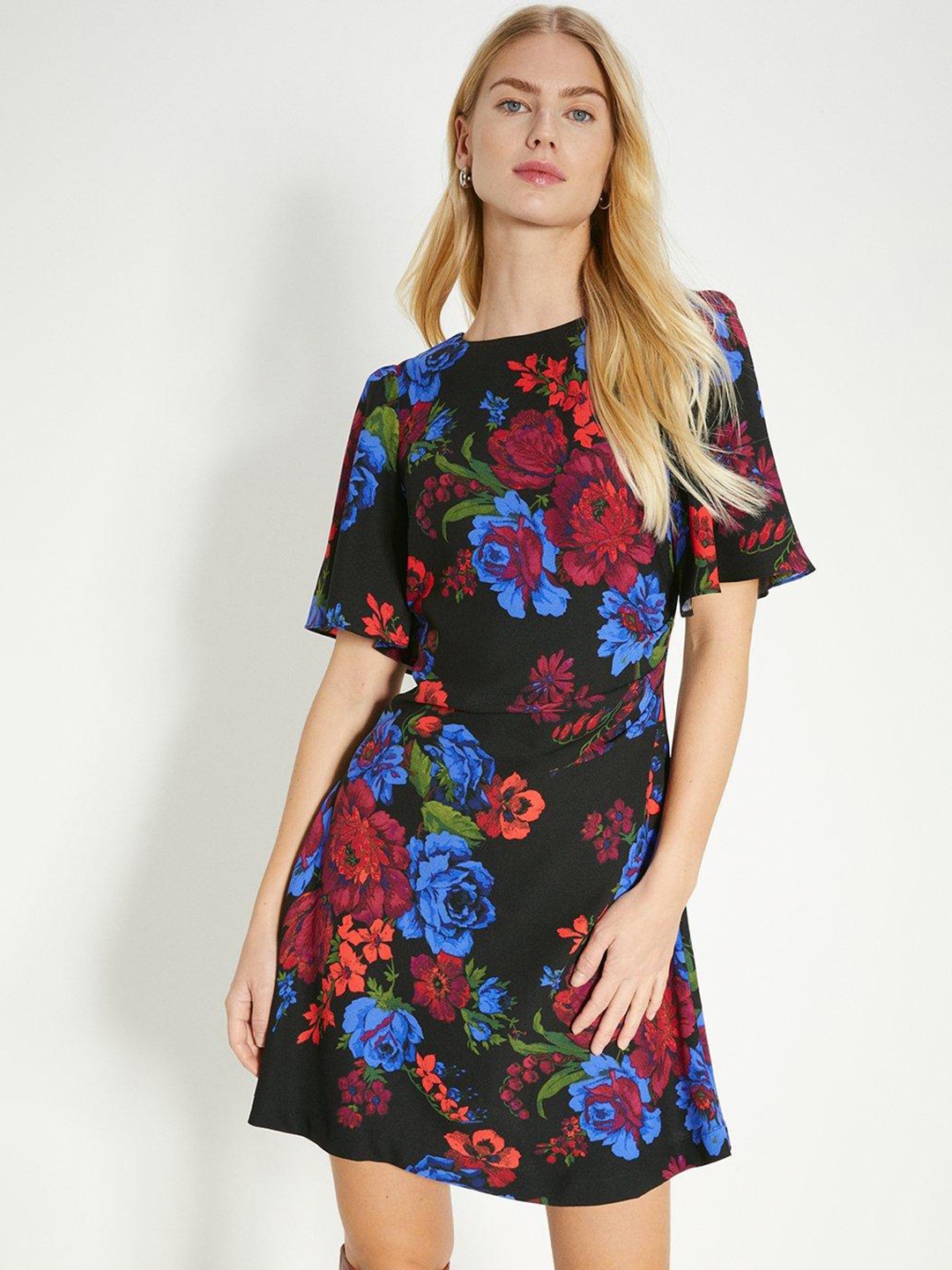 

OASIS Floral Print Ruched Detail Crepe A-Line Mini Dress, Blue