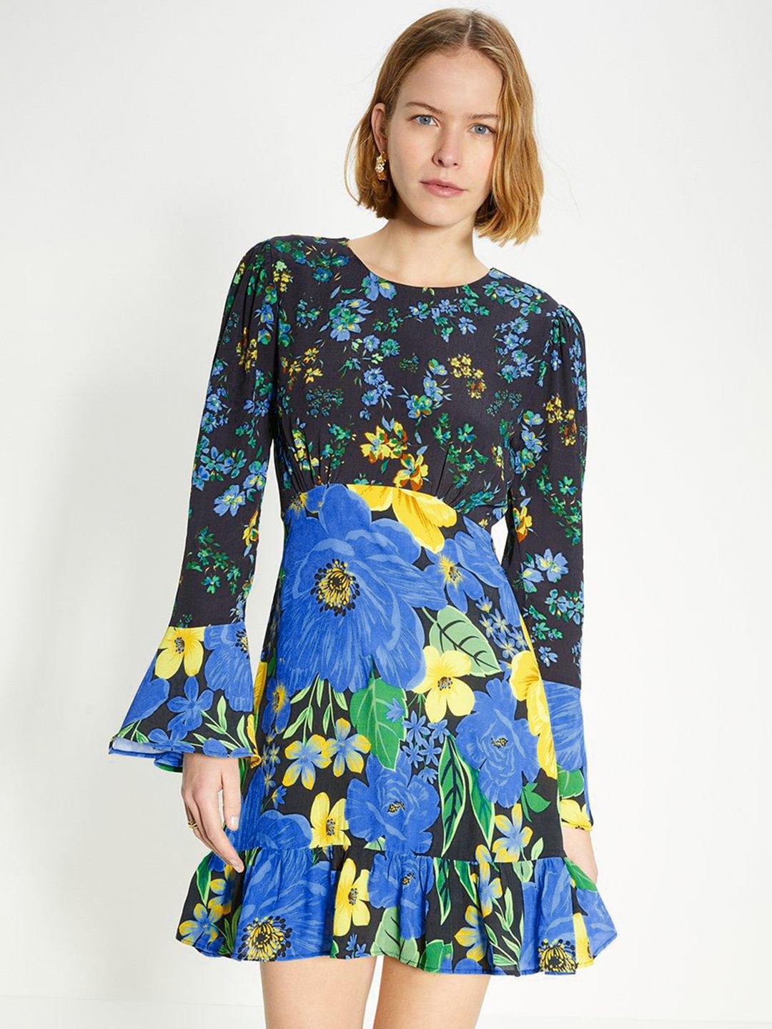 

OASIS Floral Print Flared Sleeve A-Line Mini Dress, Blue