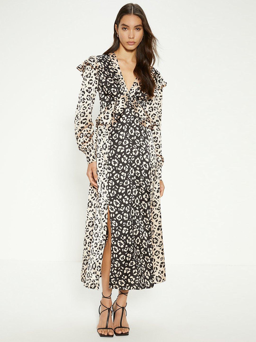 

OASIS Side Slit Animal Print Ruffled Satin Sheath Midi Dress, Beige