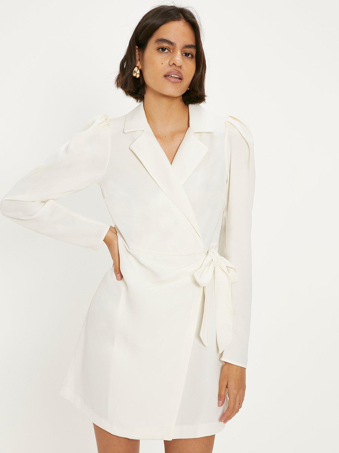 

OASIS Tailored Puff Sleeve Wrap Dress, Off white