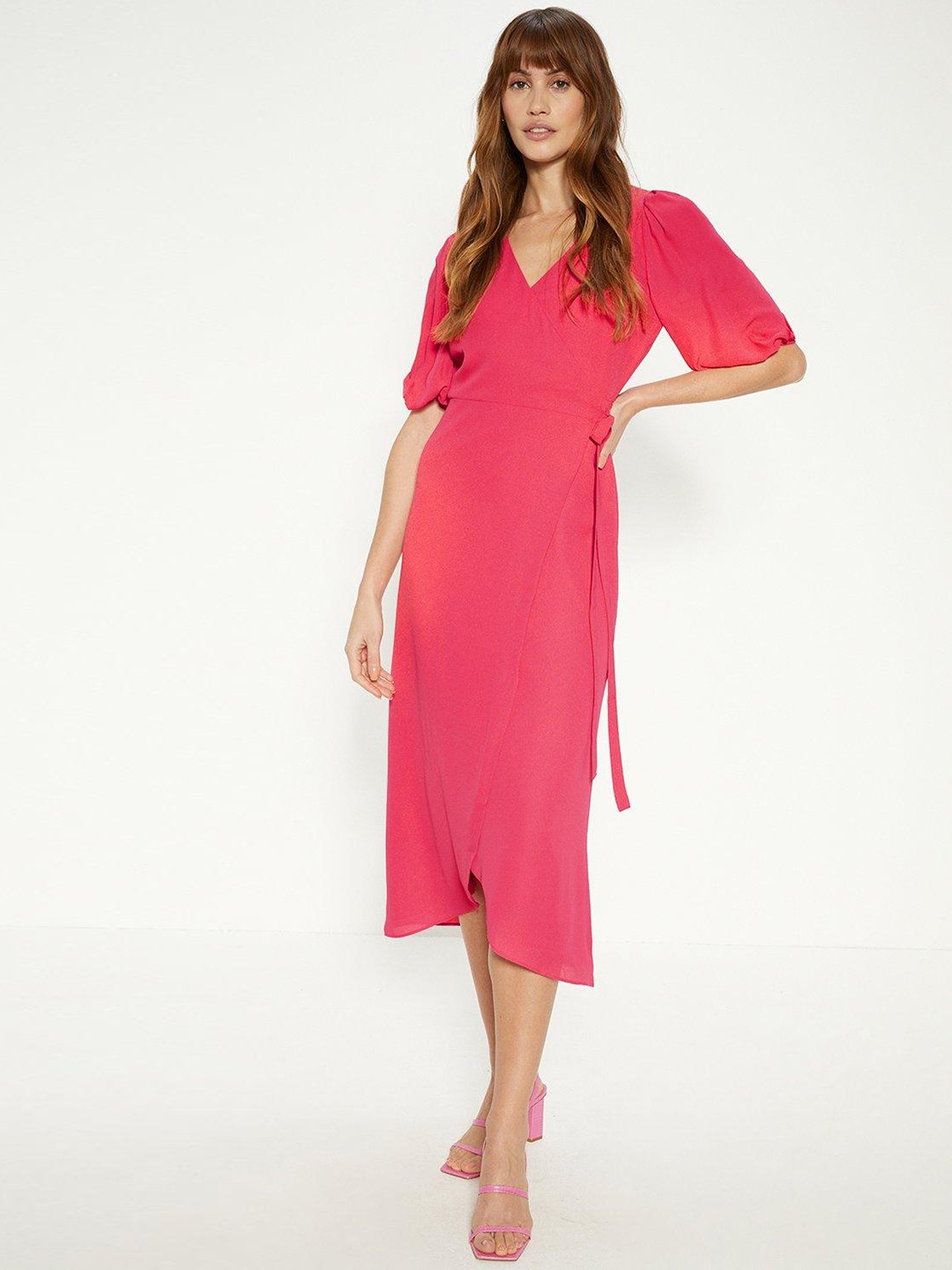 

OASIS Puff Sleeve Midi Wrap Dress, Pink