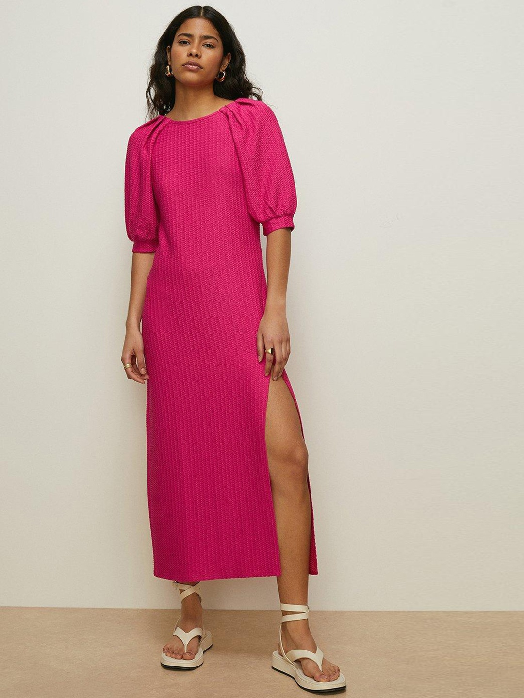 

OASIS Textured Puff Sleeve Sheath Midi Dress, Pink