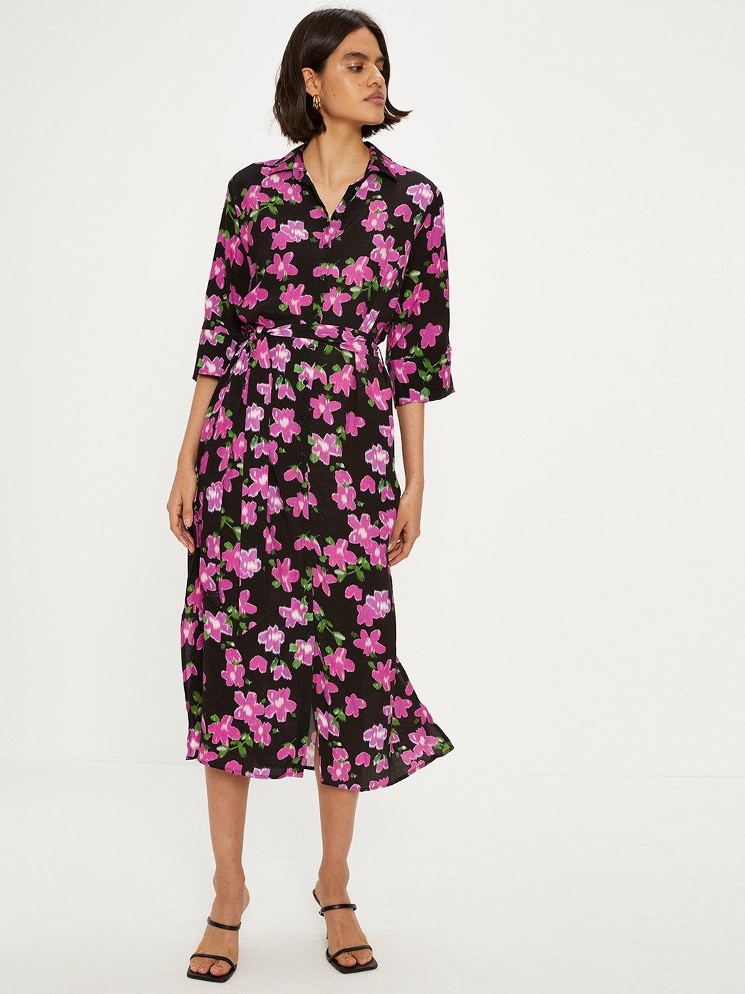

OASIS Floral Print Belted Shirt Midi Dress, Black