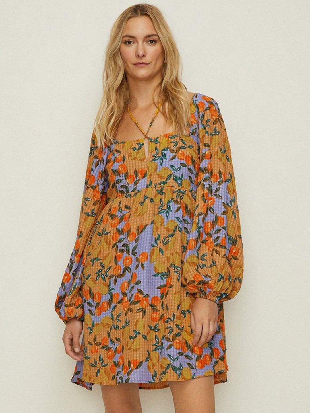 

OASIS Floral Print Halter Neck Puff Sleeve Skater Dress, Mustard