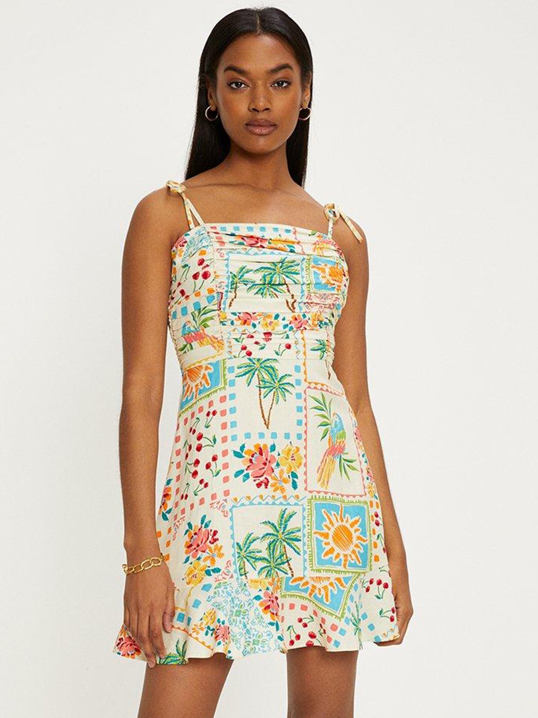 

OASIS Linen Blend Floral Print Tie-Up Shoulder A-Line Dress, Green
