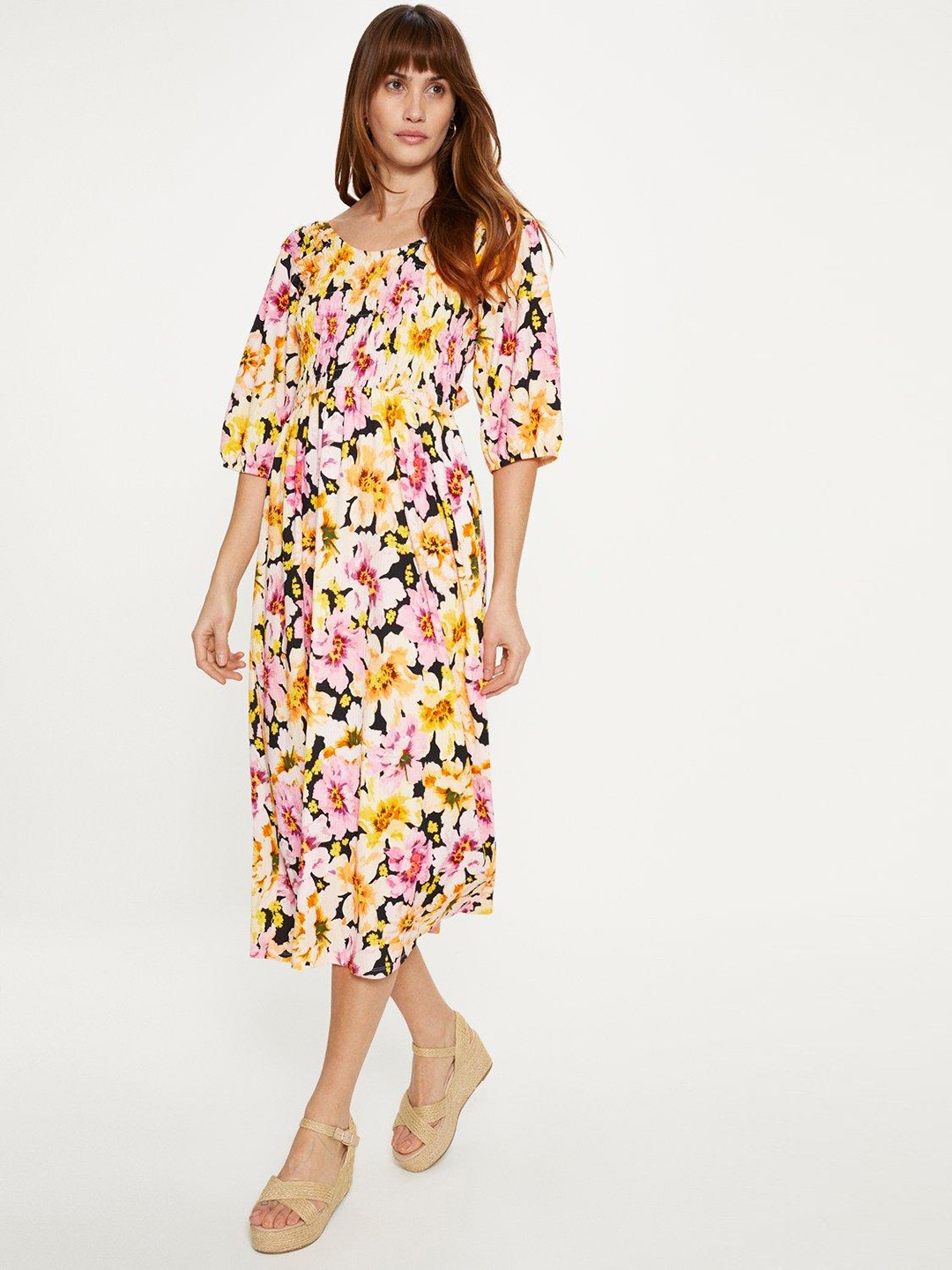 

OASIS Floral Print Tie-Up Detail A-Line Midi Dress, Black