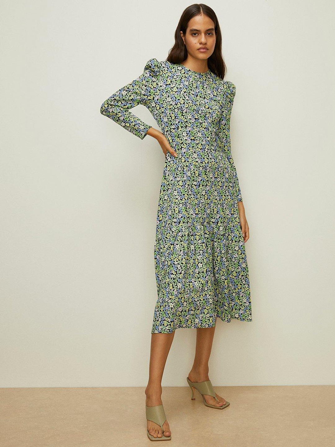 

OASIS Floral Print Puff Sleeves A-Line Midi Dress, Black