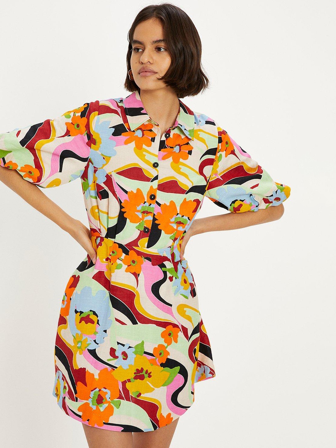 

OASIS Floral Print Puff Sleeves Shirt Mini Dress, White
