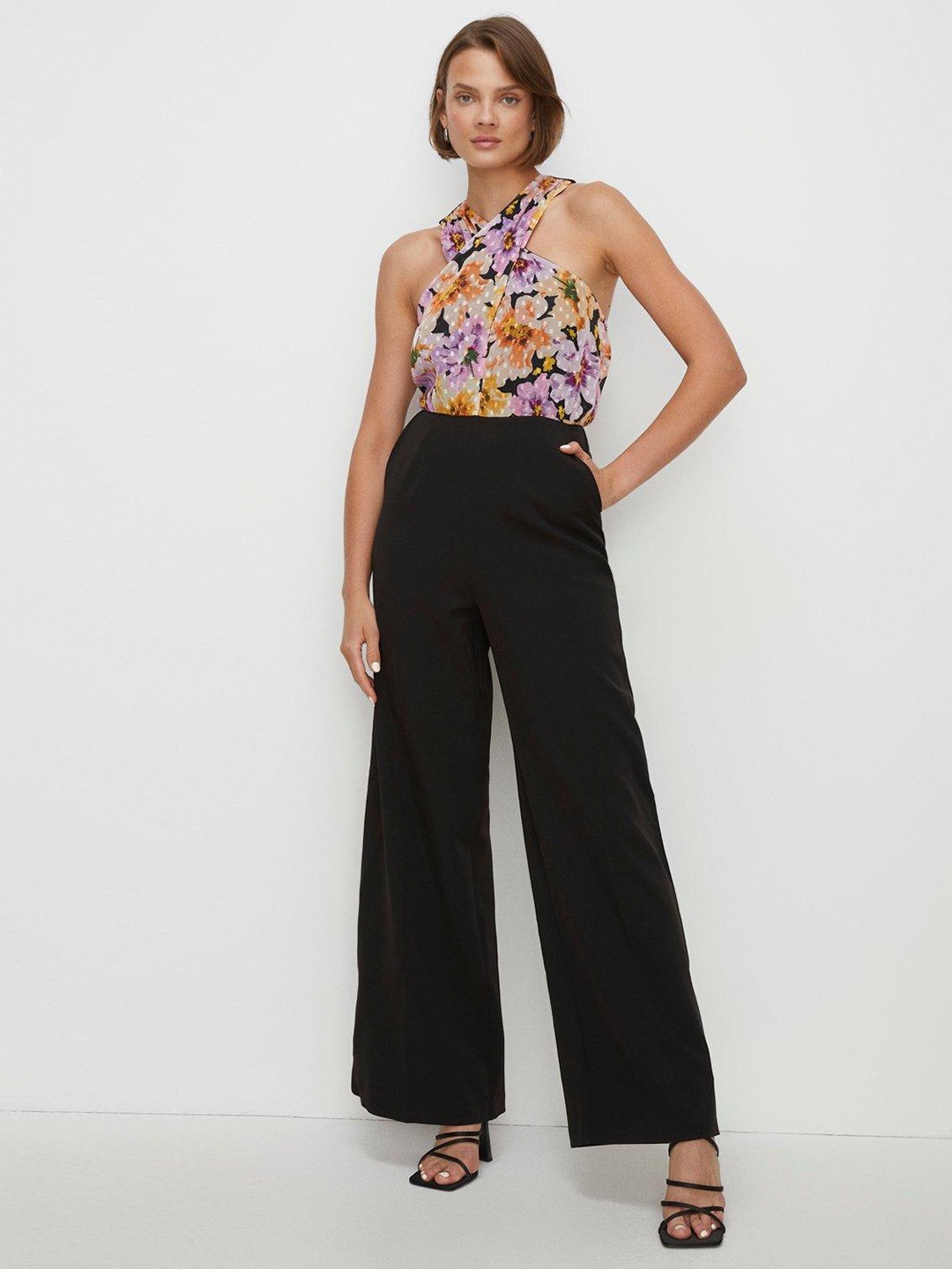 

OASIS Cross Front Floral Printed Basic Jumpsuit, Pink