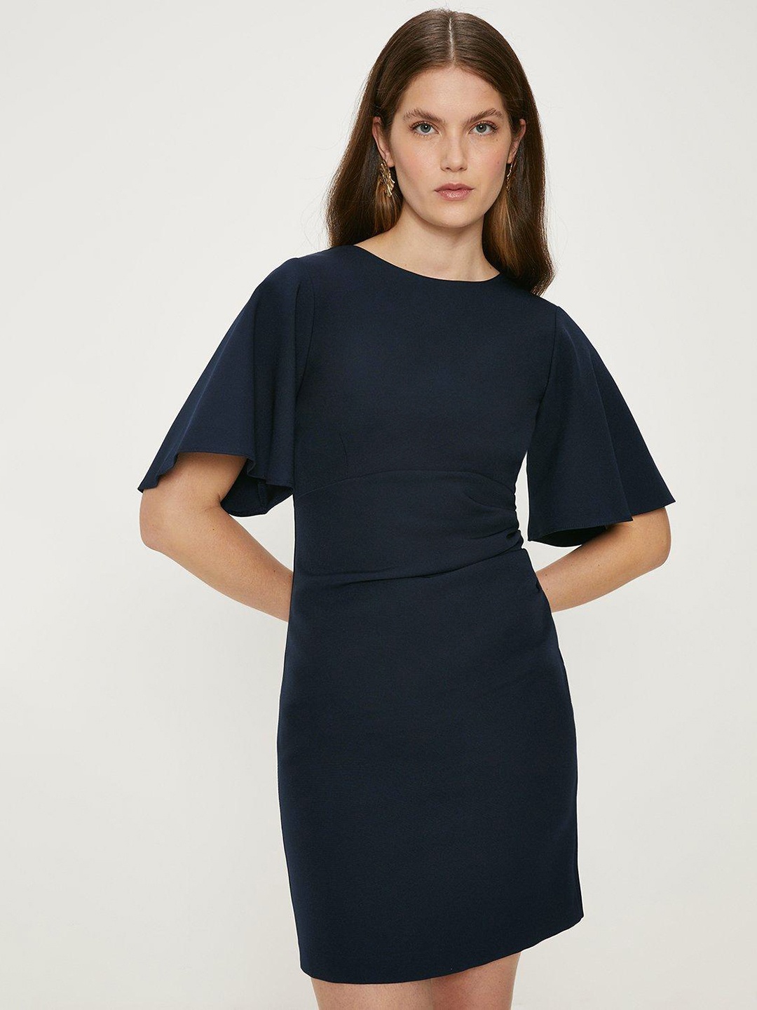 

OASIS Flared Sleeves Crepe Sheath Mini Dress, Navy blue