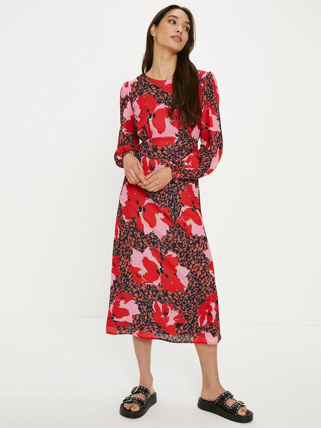 

OASIS Floral Print Puff Sleeves A-Line Midi Dress, Black