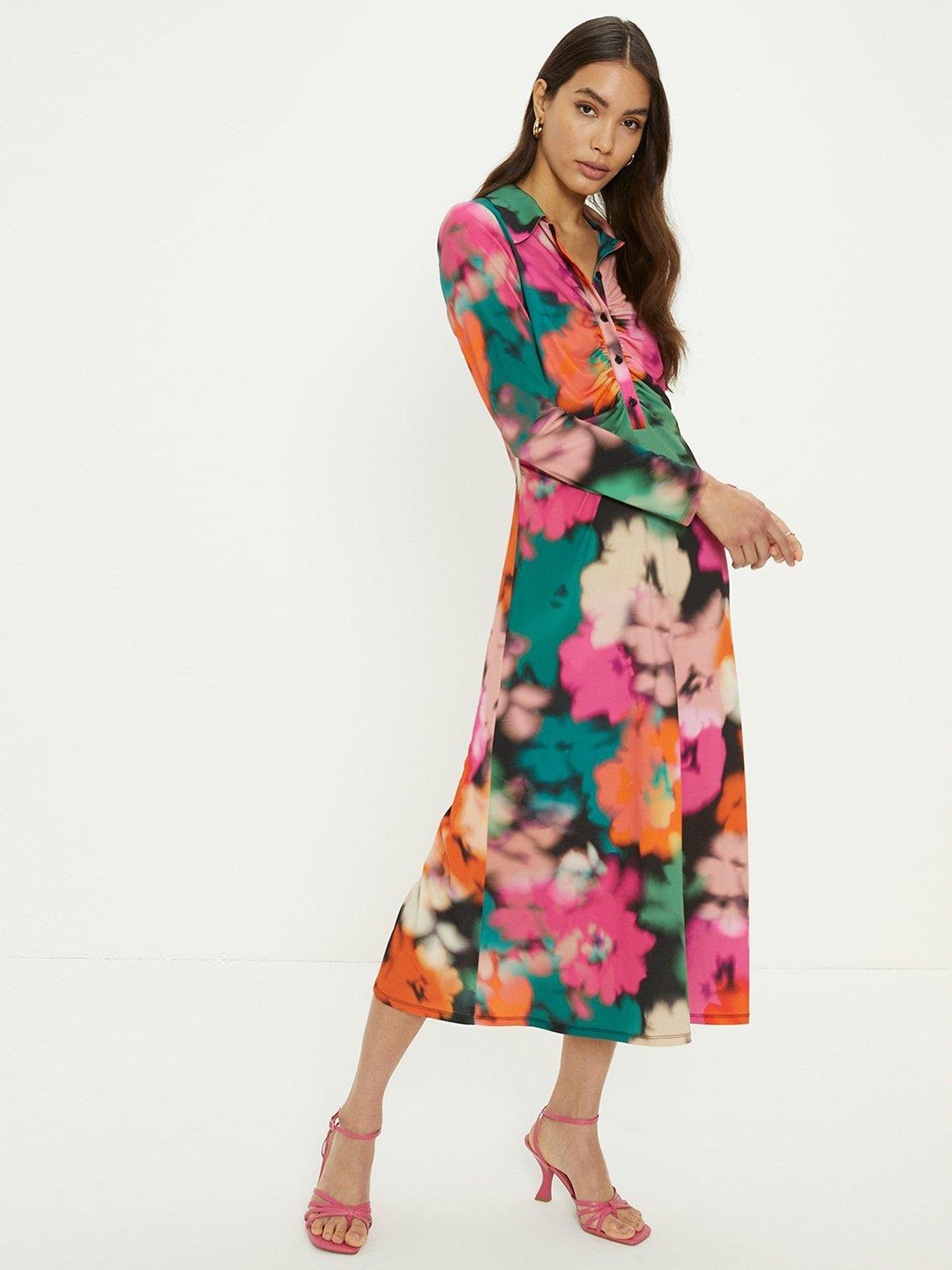 

OASIS Printed Ruched Shirt Midi Dress, Green