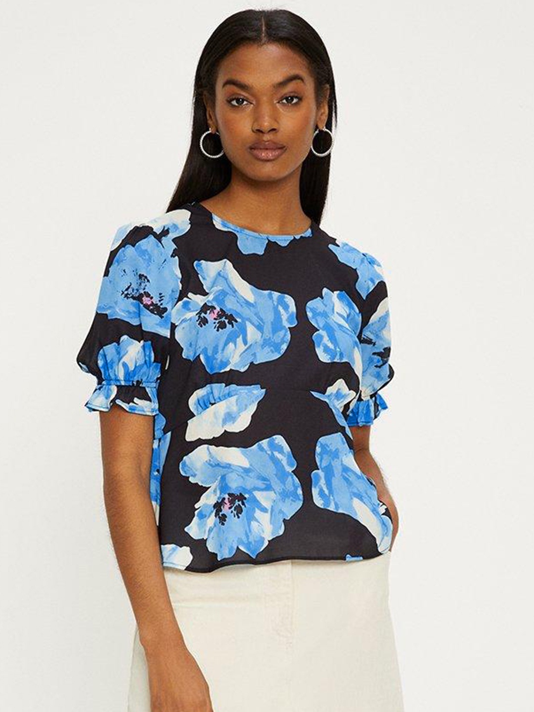 

OASIS Floral Print Puff Sleeves Top, Black