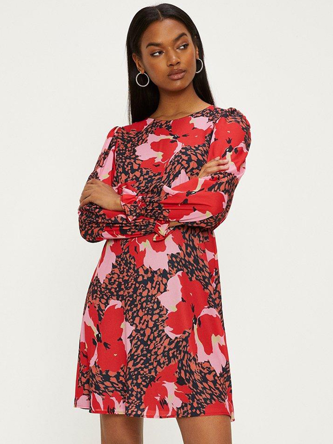 

OASIS Floral Print Puff Sleeves A-Line Mini Dress, Red