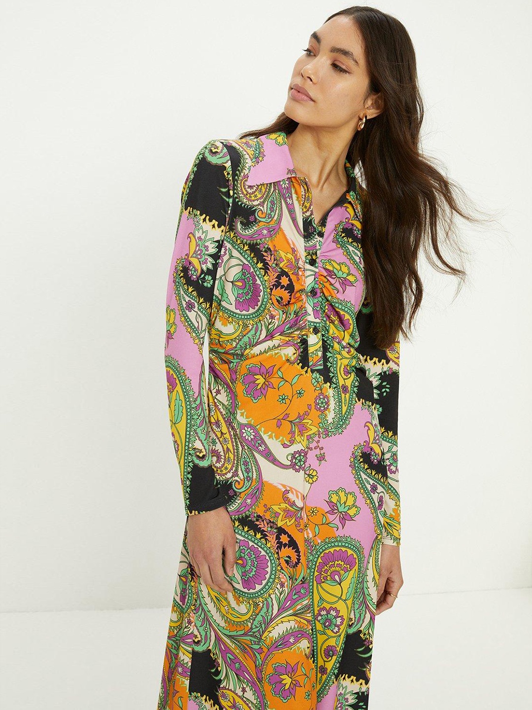 

OASIS Paisley Printed Ruched Shirt Midi Dress, Lavender