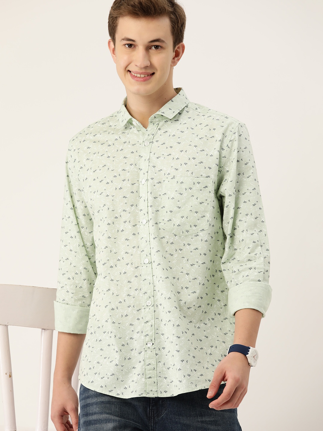 

Mast & Harbour Men Standard Slim Fit Floral Printed Pure Cotton Casual Shirt, Green