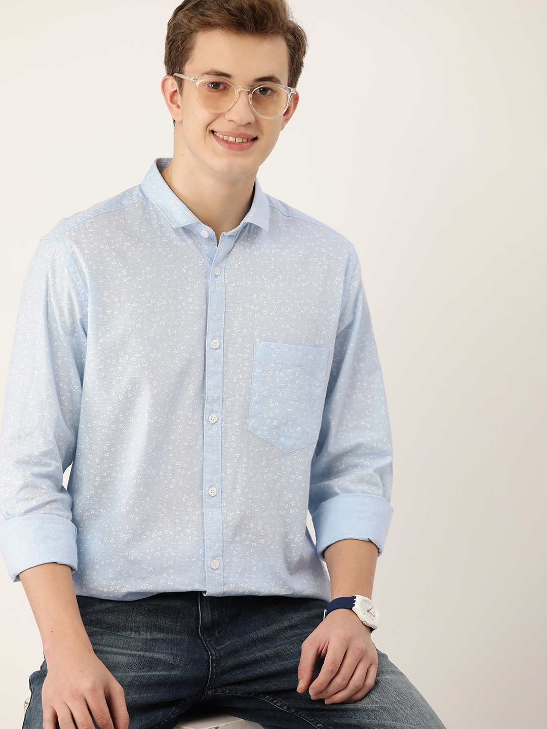

Mast & Harbour Men Standard Slim Fit Printed Pure Cotton Casual Shirt, Blue