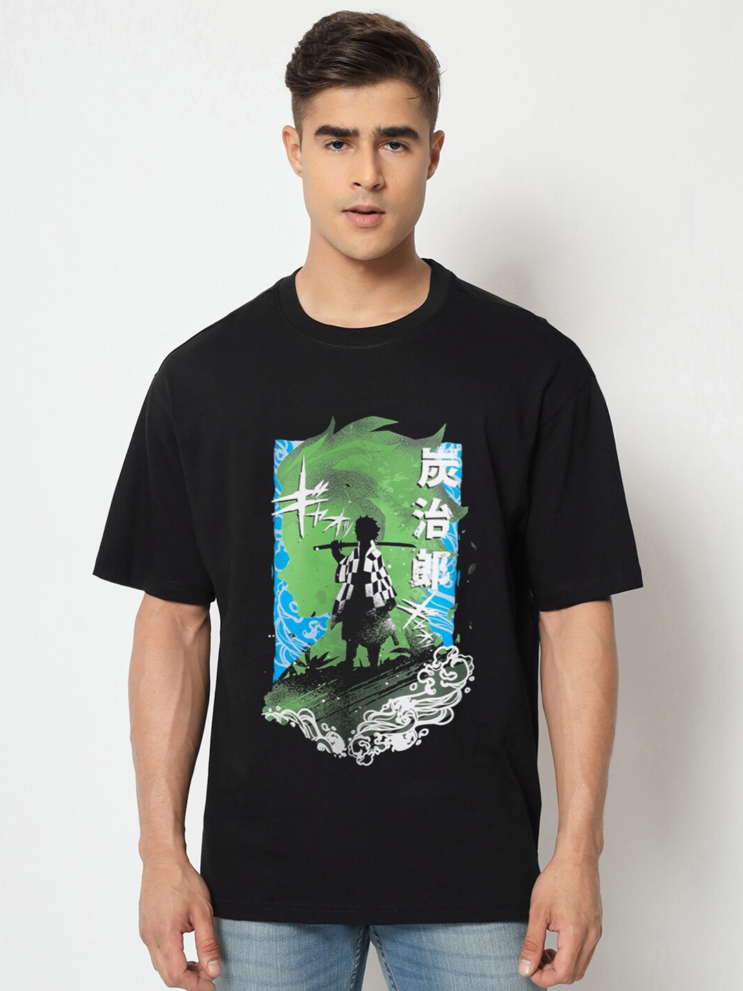 

COMICSENSE Men Anime Printed Demon Slayer Cotton Oversized Tshirt, Black
